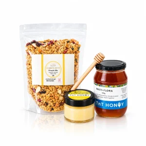 Granola And Honey Trio On White