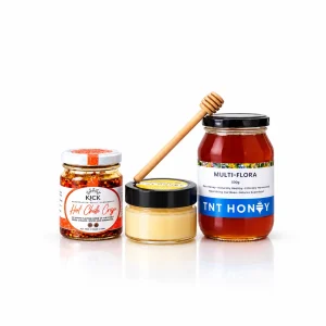 Minimalist Trio Of Chilli Crisp And Honey Jars