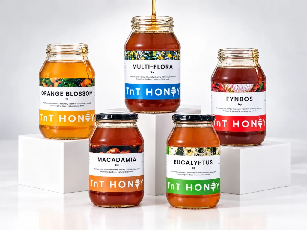 The TnT Honey 1kg range: Orange Blossom, Multi-Flora, Fynbos, Macadamia and Eucalyptus